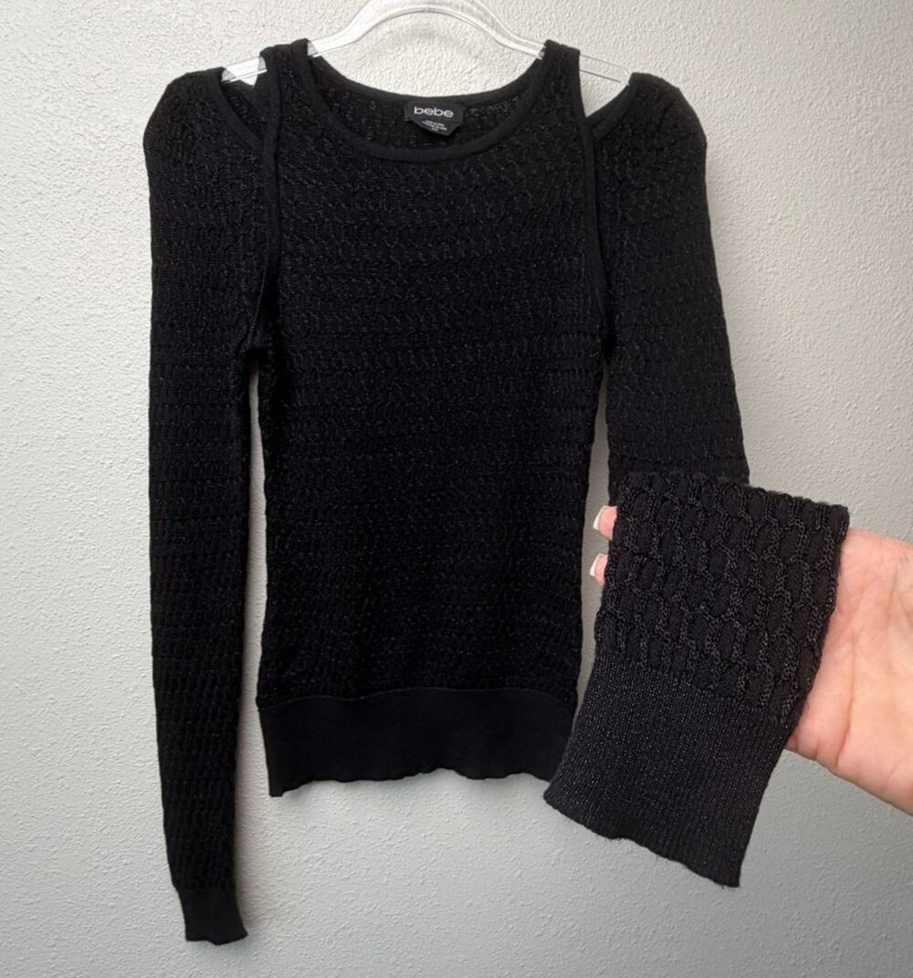 Bebe Black Shimmer Cold Shoulder Knit Sweater Women's Medium
